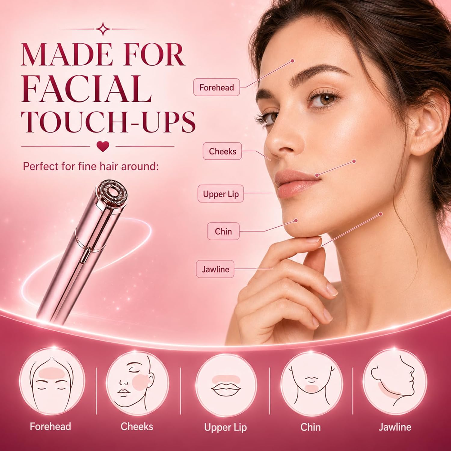 Flawless Facial Hair Remover for Women Painless Face Shaver -Mini Hair Remover, Electric Razor Shaver Portable Bikini Epilator for Lips, Chin, Armpit, Peach Fuzz,Neck, Cheek(Rose Gold)