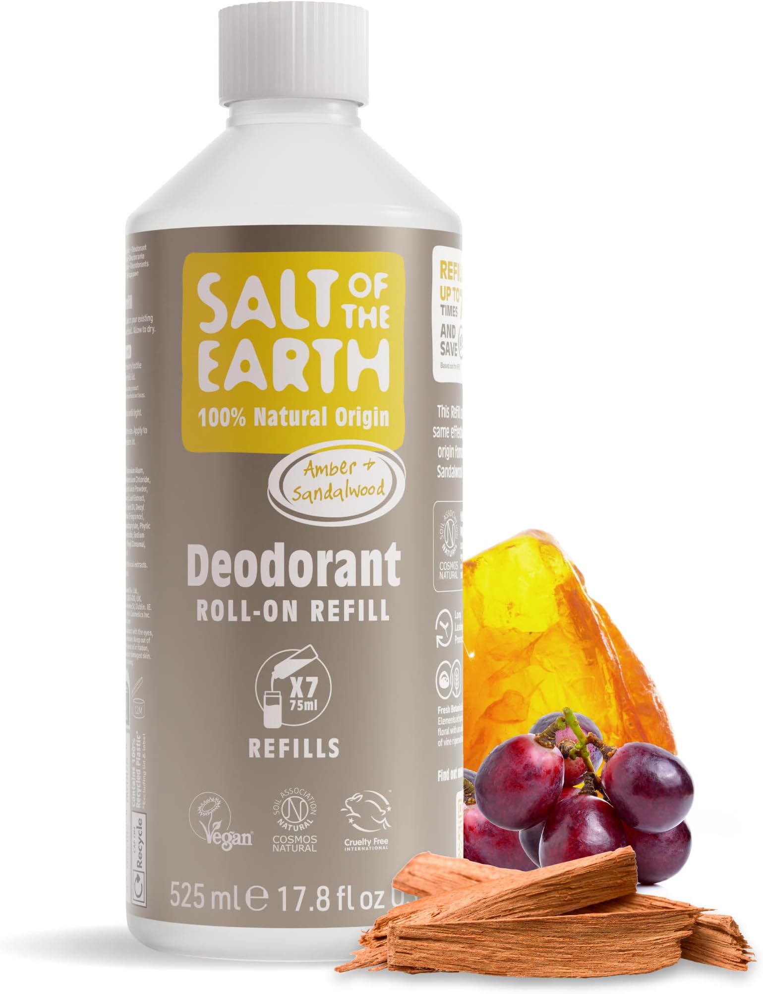 Natural Deodorant Roll On Refill by Salt of the Earth, Amber & Sandalwood - Vegan, Long Lasting Protection, Leaping Bunny Approved, Made in the UK - 525ml