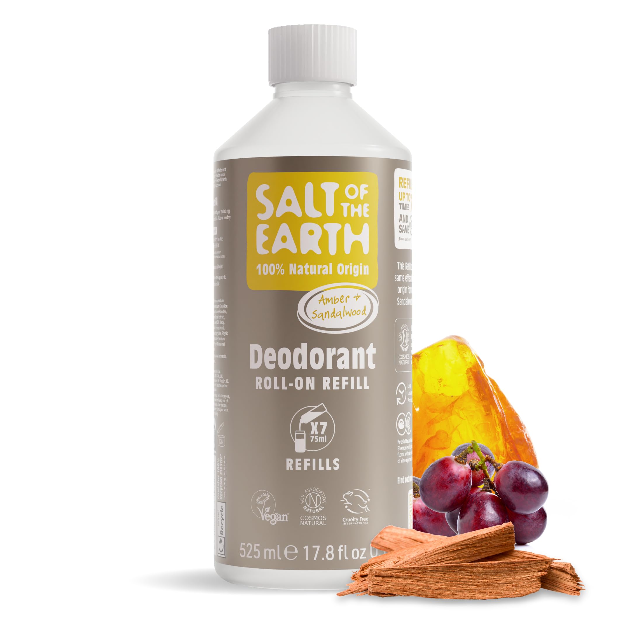 Natural Deodorant Roll on Refill - x7 Uses - Amber & Sandalwood - 100% Natural Origin Ingredients - Vegan - Suitable for Men, Women & Children - 525ml