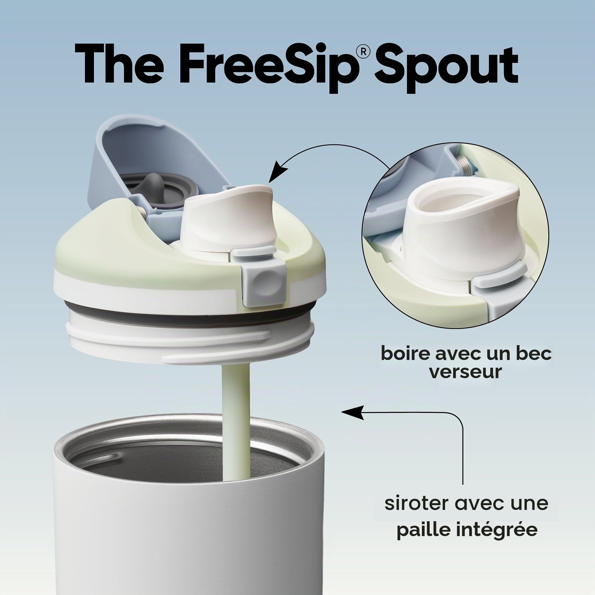 Owala FreeSip Tumbler, gobelet isotherme en acier inoxydable avec paille intégrée et poignée latérale, 1185ml, pour les voyages, le travail, l’école et le sport, sans BPA, Iced Breeze