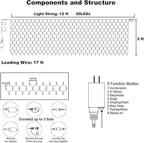Miniatura 4 de WATERGLIDE Luces de red de Halloween para exteriores, 12 x 5 pies, 360 luces LED con 8 modos de iluminación, adaptador seguro de luz conectable para