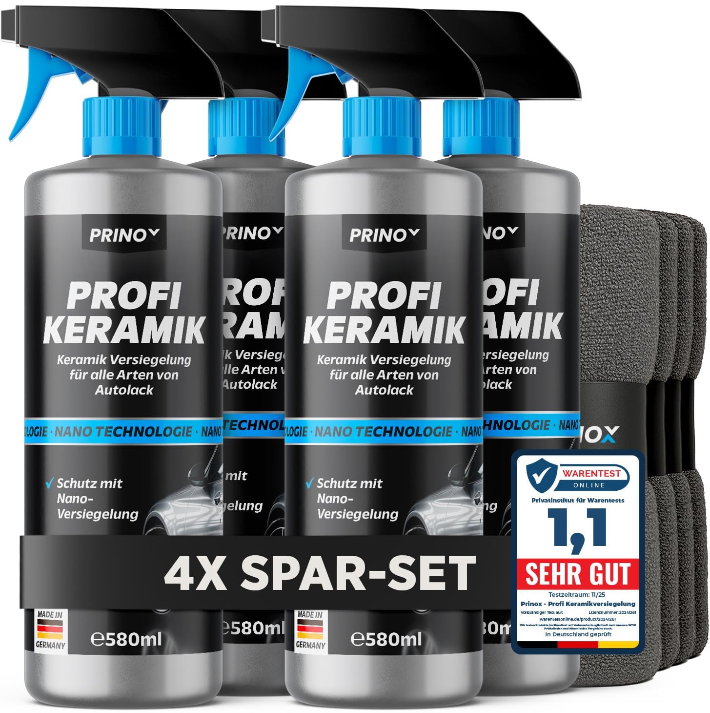 Keramikversiegelung Auto Set 4x 550 ml inkl. 4x Mikrofasertuch - Keramik Versiegelung für perfekten Glanz mit Versiegelungs-Effekt - Premium Lackversiegelung, Flüssigglas für alle Lacke