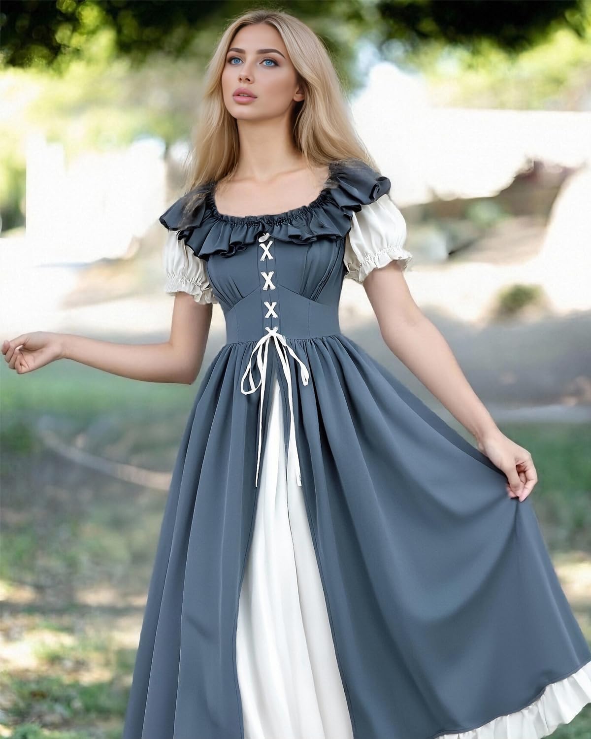 CR ROLECOS Renaissance Costume Women Medieval Ren Faire Dress Short Sleeve Lace up Victorian Peasant Dresses