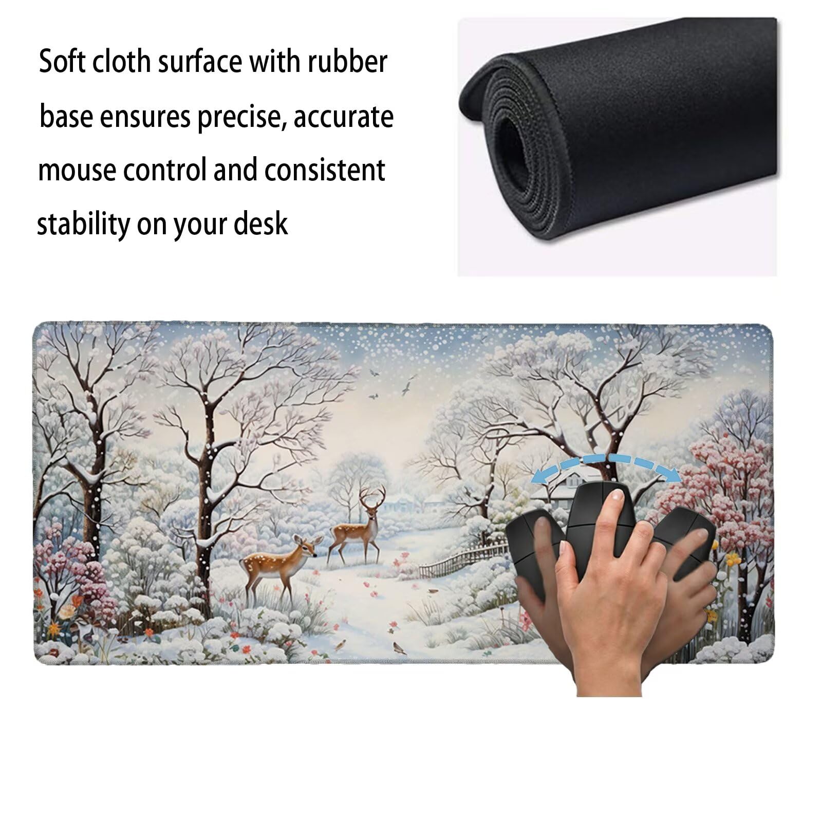 Tappetino Mouse XXL 1200 x 600 x 3 mm, Sottomano Scrivania, Inverno Grande Tappeto da Tavolo con Base in Gomma Antiscivolo e Bordi Cuciti, Impermeabile, per Ufficio, Computer e Gaming (Cervo) L-x1698