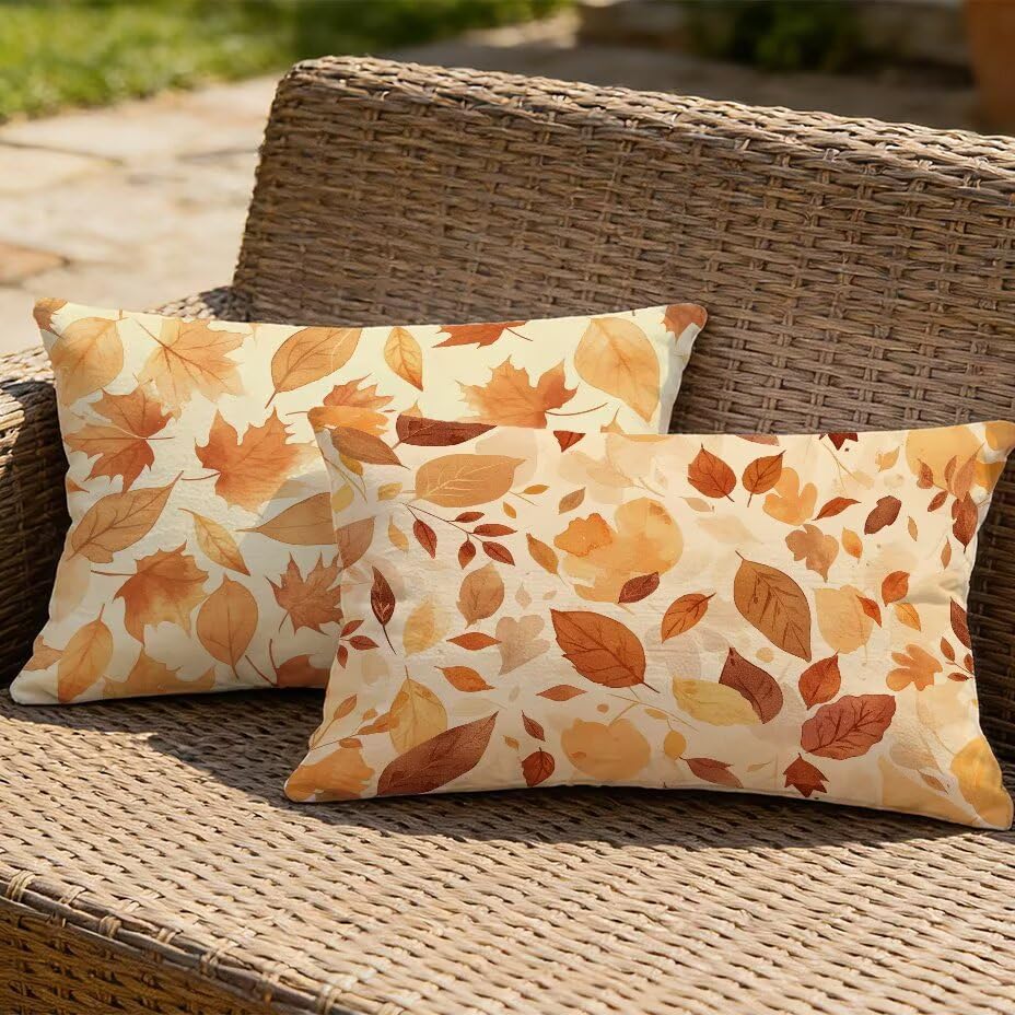 Housse de coussin de jardin feuille décorative lin orange brûlé - 2