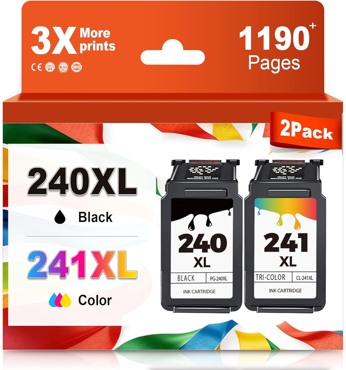 240 241 XL Ink Cartridges Replacement for Canon 240xl 241xl Combo Pack PG-240 CL-241 Black Color to MG3620 MG3600 TS5120 TS5100 MG2120 MG3520 MX472 MX452 MX512 Printer 2 Pack