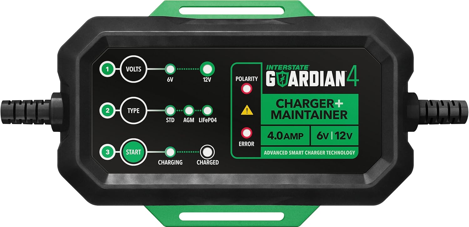 Interstate Batteries 12V, 6V Battery Charger & Maintainer (12V and 6V, 4.0A) Portable, Automatic, Trickle Charging for LiFePO4, Deep-Cycle, Automotive, AGM, Powersports, Boats (CHGIB40)