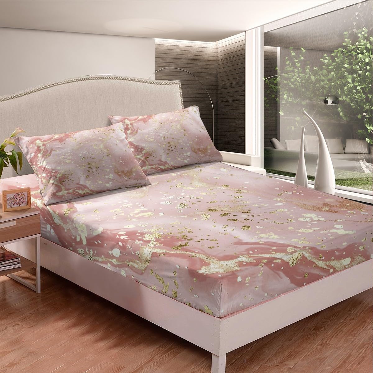 Manfei Marble Texture Fitted Sheet Pink Marble Pattern Golden Sequins Print Bedding 3pcs Microfiber Bed Sheet Set (1 Fitted Sheet + 2 Pillow Cases) Queen Size