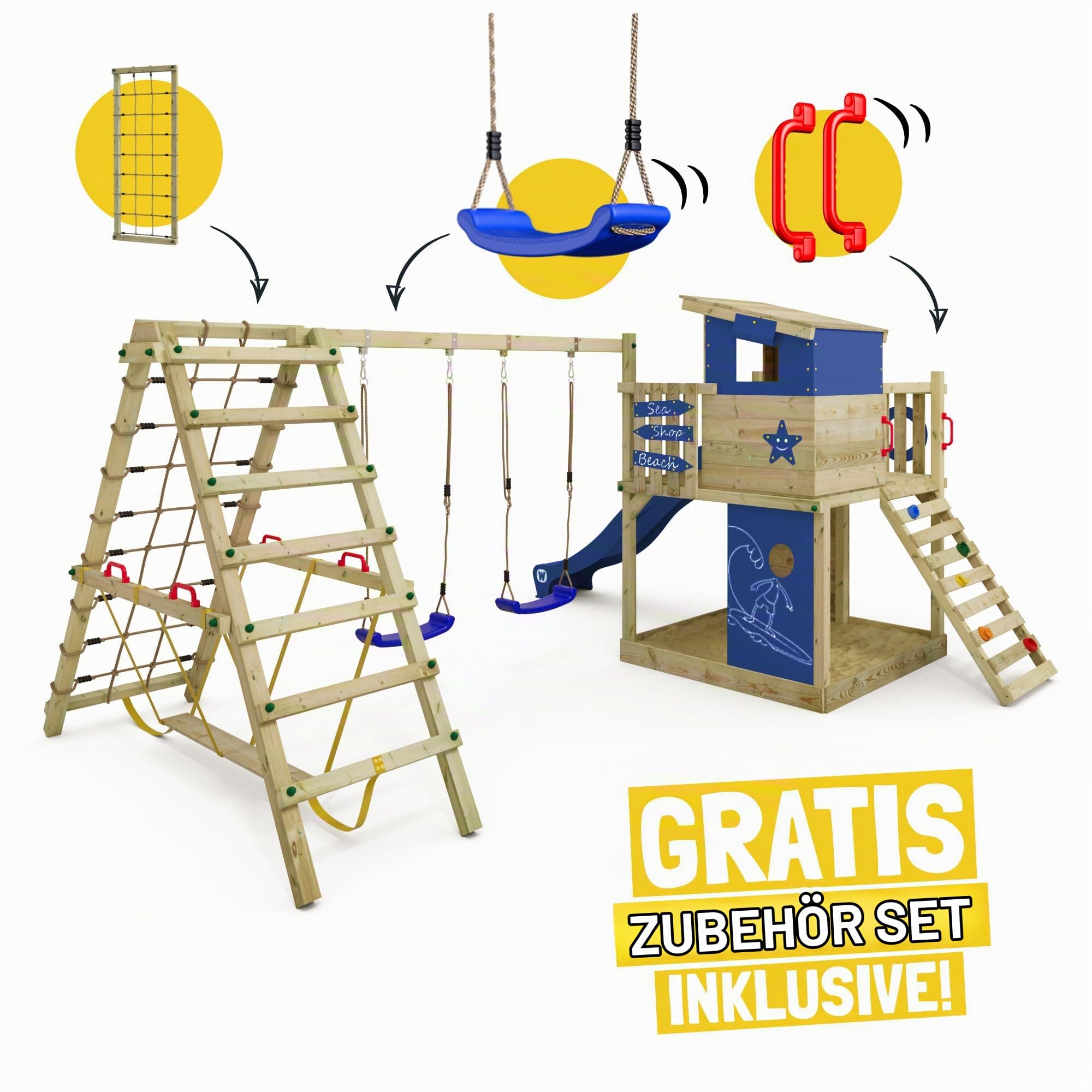 WICKEY Spielturm Klettergerüst Smart Surf mit Schaukel & roter Rutsche, Outdoor Kinder Kletterturm mit Sandkasten, Leiter & Spiel-Zubehör für den Garten