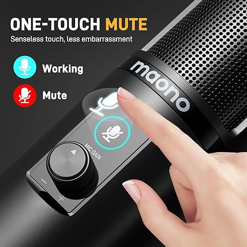 Miniatura 5 de MAONO Kit de micrófono de grabación USB, micrófono de condensador profesional para PC con silencio de un solo toque y perilla de ganancia de