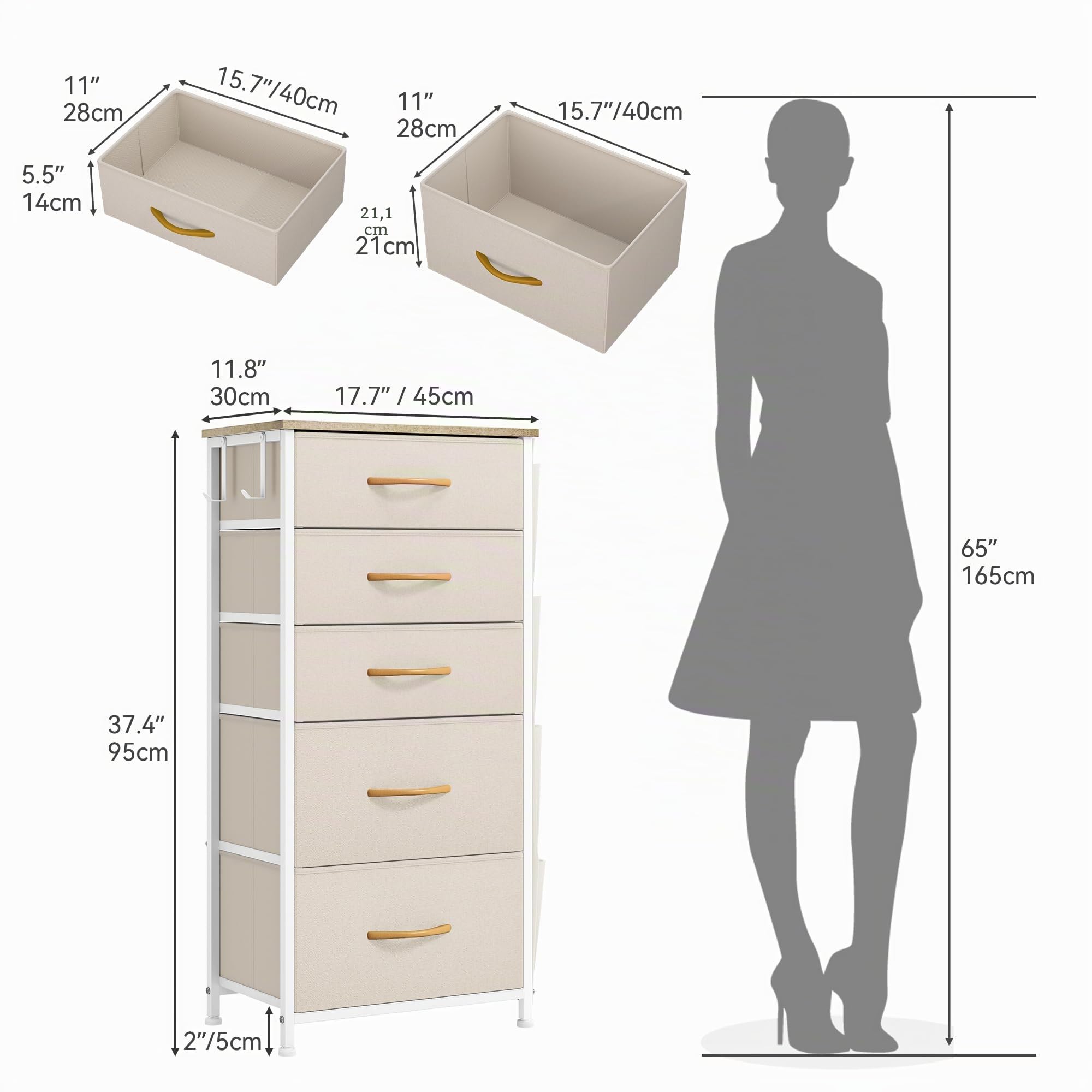 YITAHOME Cassettiera in tessuto con tasche laterali, ganci, armadietto con 5 cassetti, Cassettiera per Corridoio, con vano contenitore per soggiorno, camera da letto, cameretta dei bambini,beige
