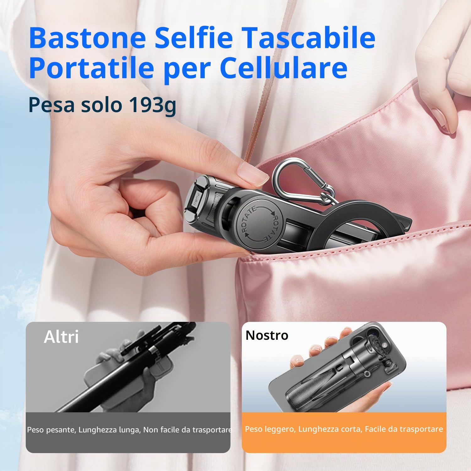 yAyusi Mini Bastone Selfie Magnetico, Treppiede Smartphone Mag-Safe 4 in 1 Piccolo, Dotato di un Supporto per Telefono Staccabile e Luce di Riempimento, Adatto per iPhone/Android/Vlog/Foto/Video