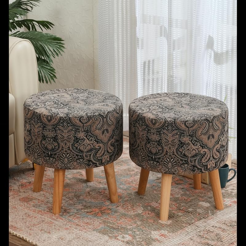Image of NACIA Printed Ottoman Stool Set of 2 | Soft Cushioned Velvet Pouf Footrest with Wooden Legs | Decorative Seating Stool for Bedroom Living Room Home & Office (16x16x17 Inch, Coffee Damask)