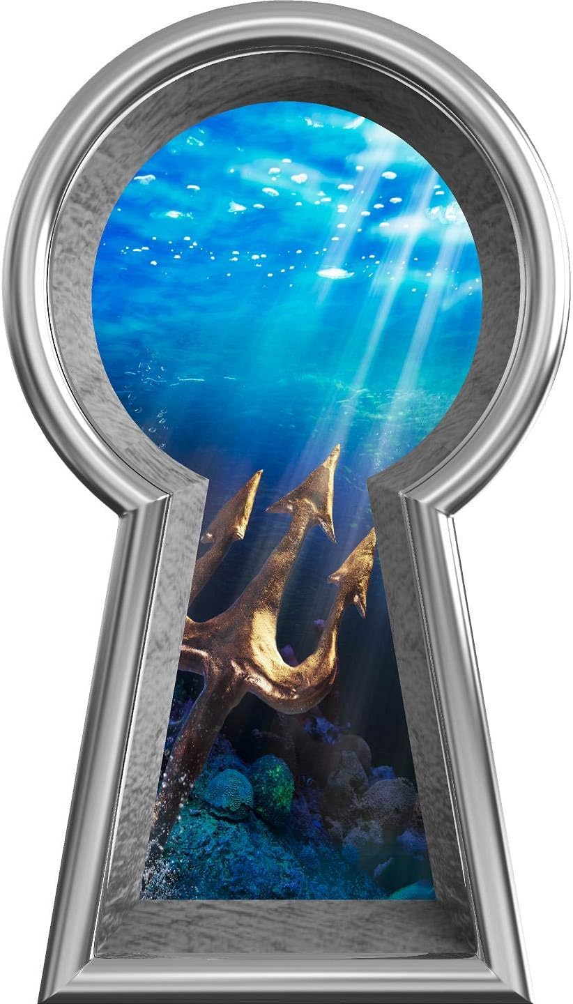Silver Keyhole Wall Decal King Neptune's Trident Removable Fantasy Underwater Under The Sea Portal Window Kids Room Decor 36 inch