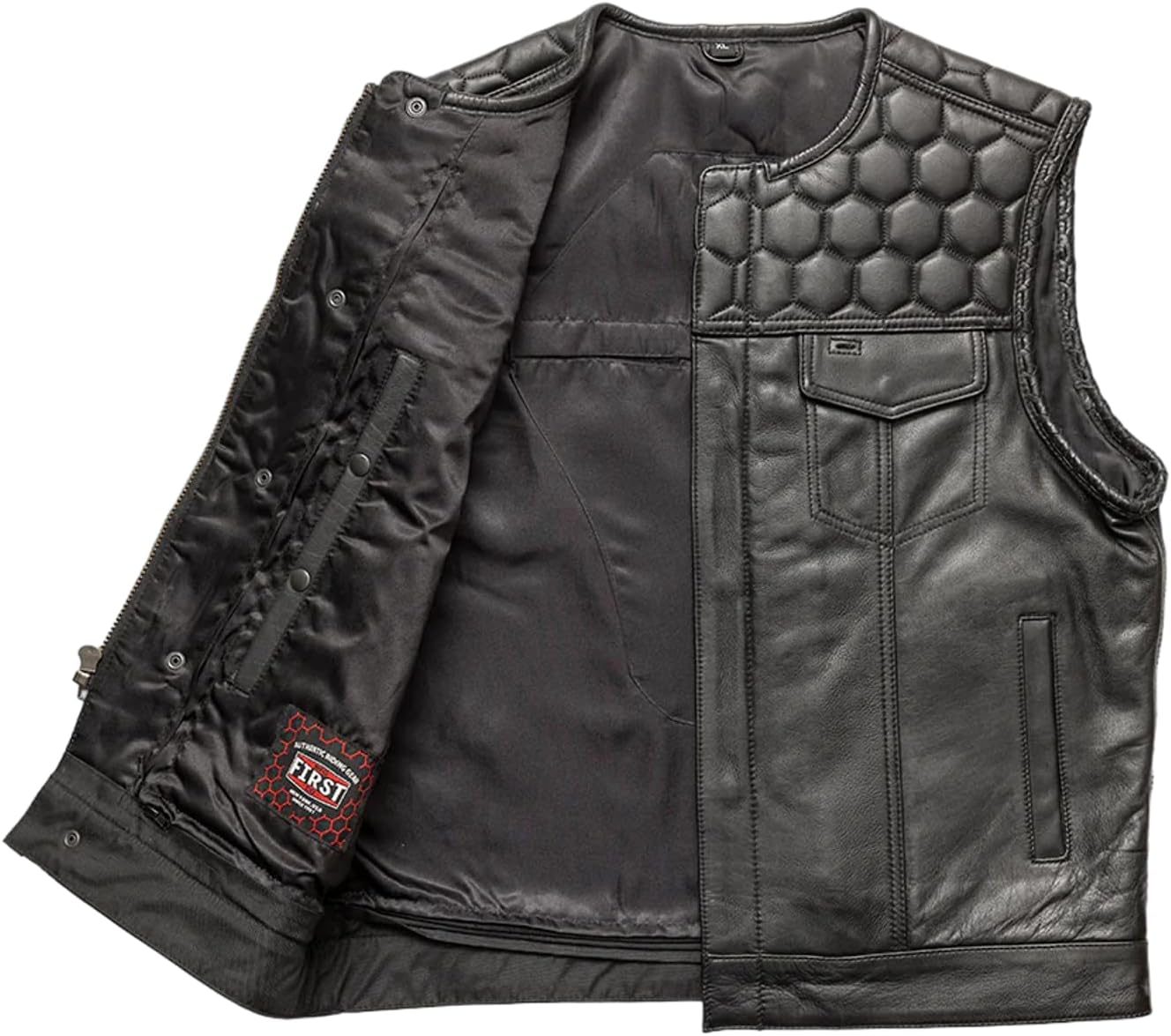 First Mfg Co Hornet Men’s Motorcycle Premium Leather Vest, Beehive Stitch, Rolled Collar, Honeycomb Quilted Top, YKK Zippers - Image 5