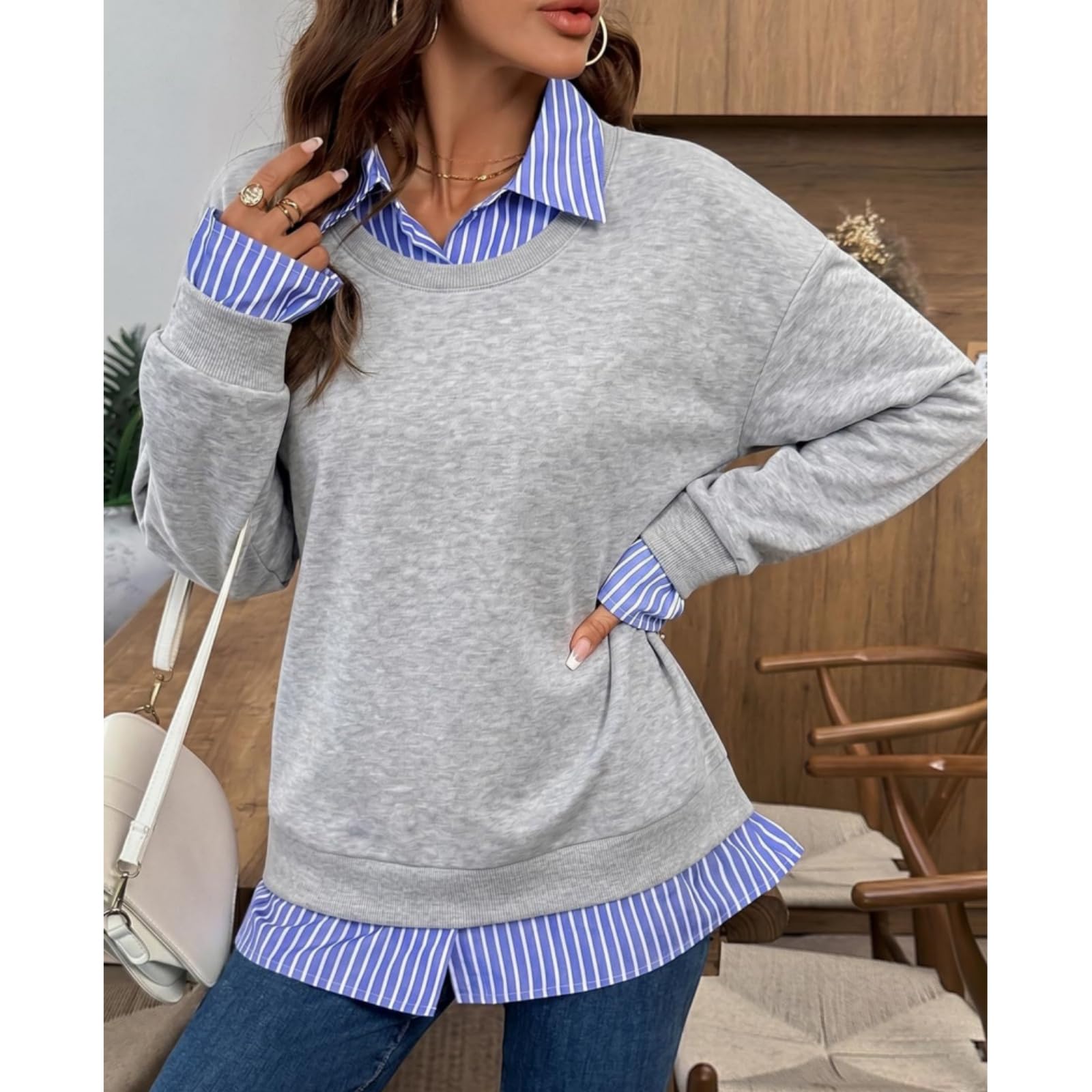 Felpe autunnali da donna – Felpa patchwork a righe con colletto