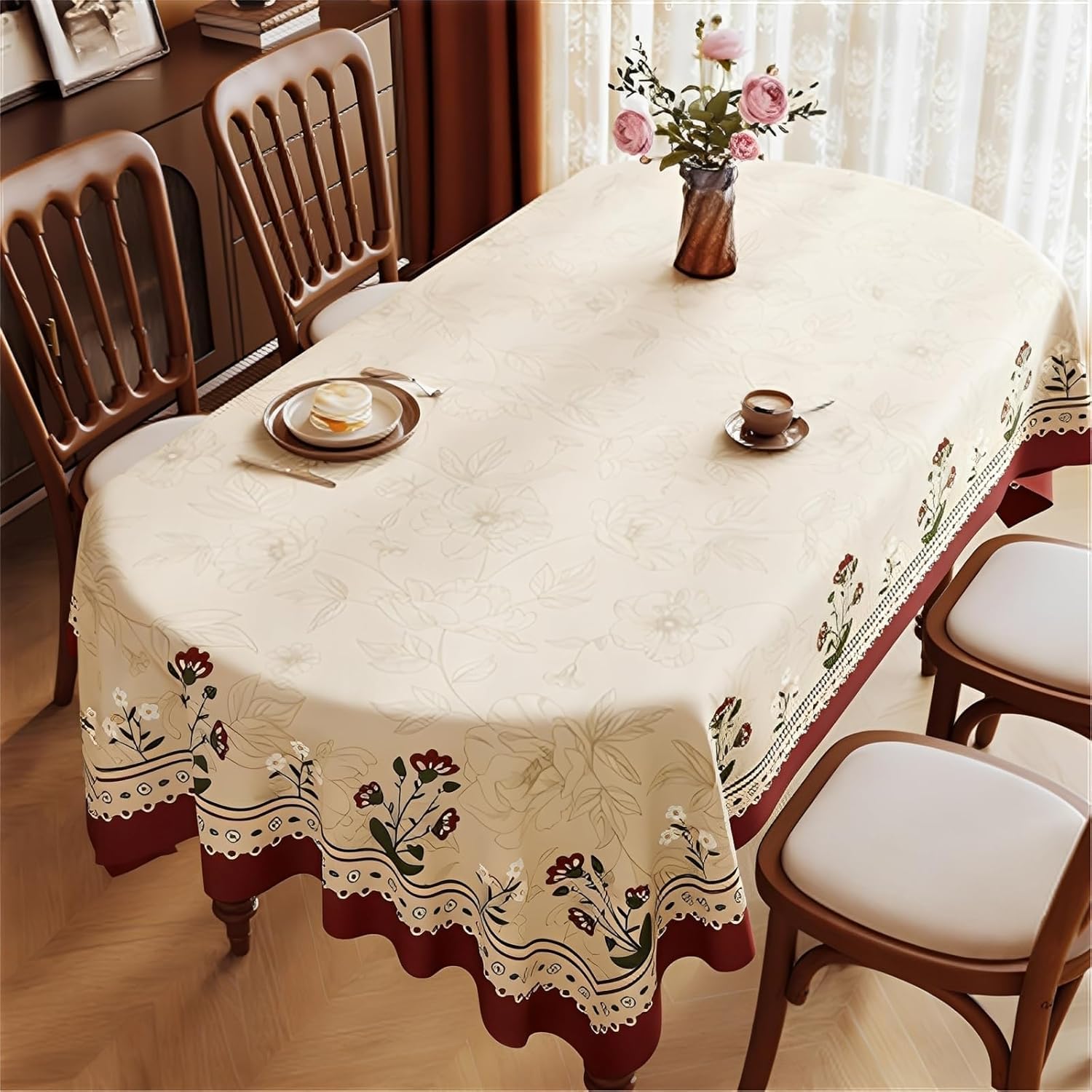 KIJyfgTR Floral-print, Wipe-clean Oval Tablecloth Ideal For Outdoor Garden Parties(Floral,140x180cm)