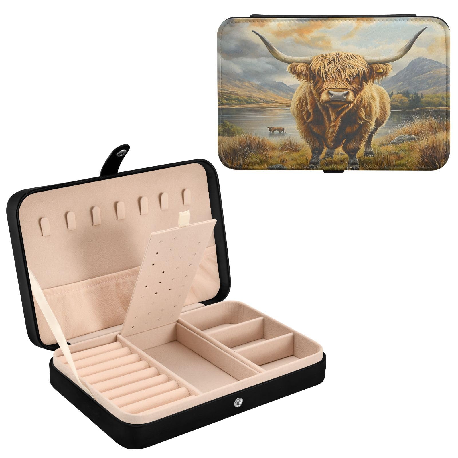 Haskirky Highland Cow Jewelry Box Portable PU Leather Travel Jewelry Organize for Women Jewelry Storage Display Holder for Ring, Necklace, Earring