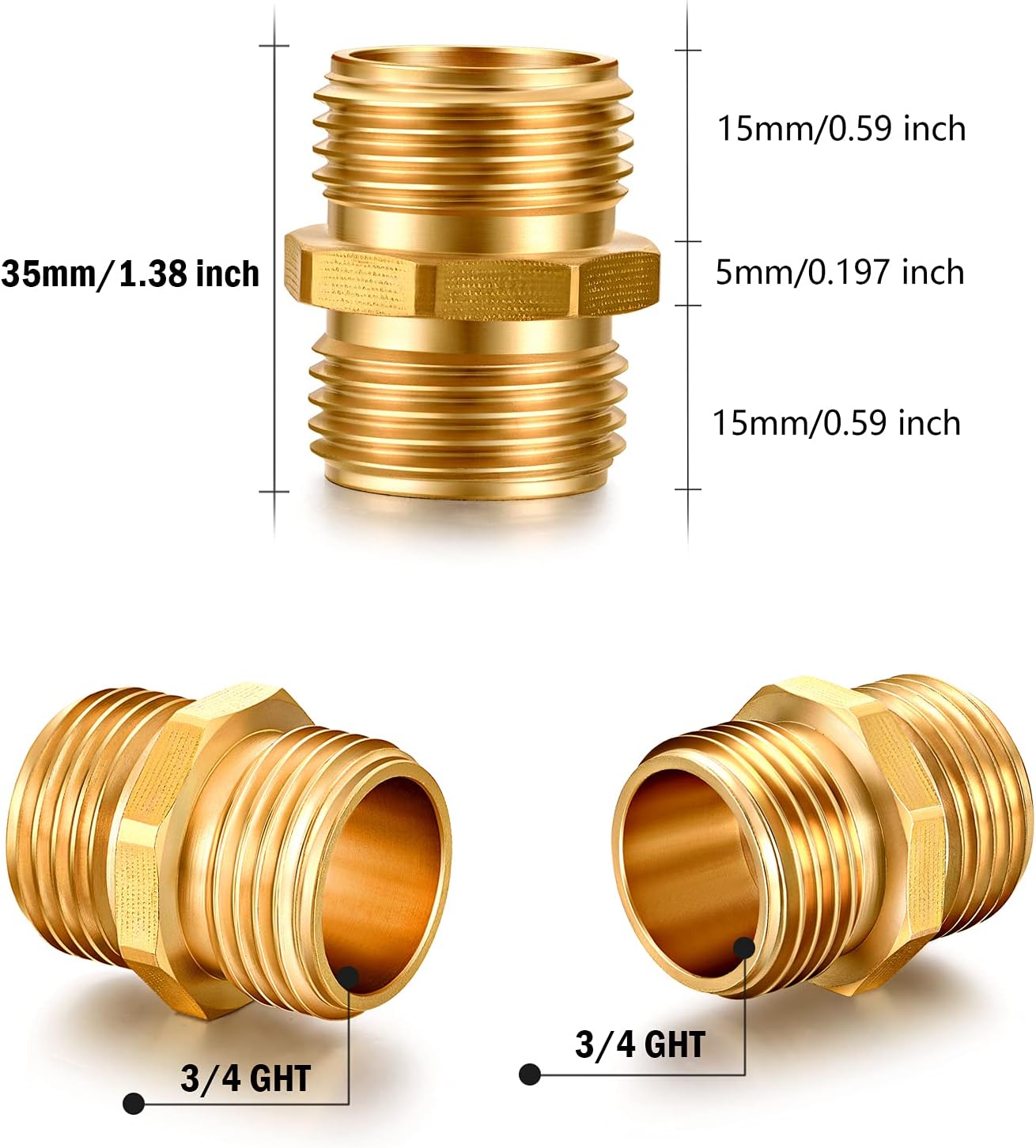 Garden Hose Fittings - Solid Brass Repair Connectors: Double Male Faucet Leader Coupler (3/4" GHT) (10-PCS)