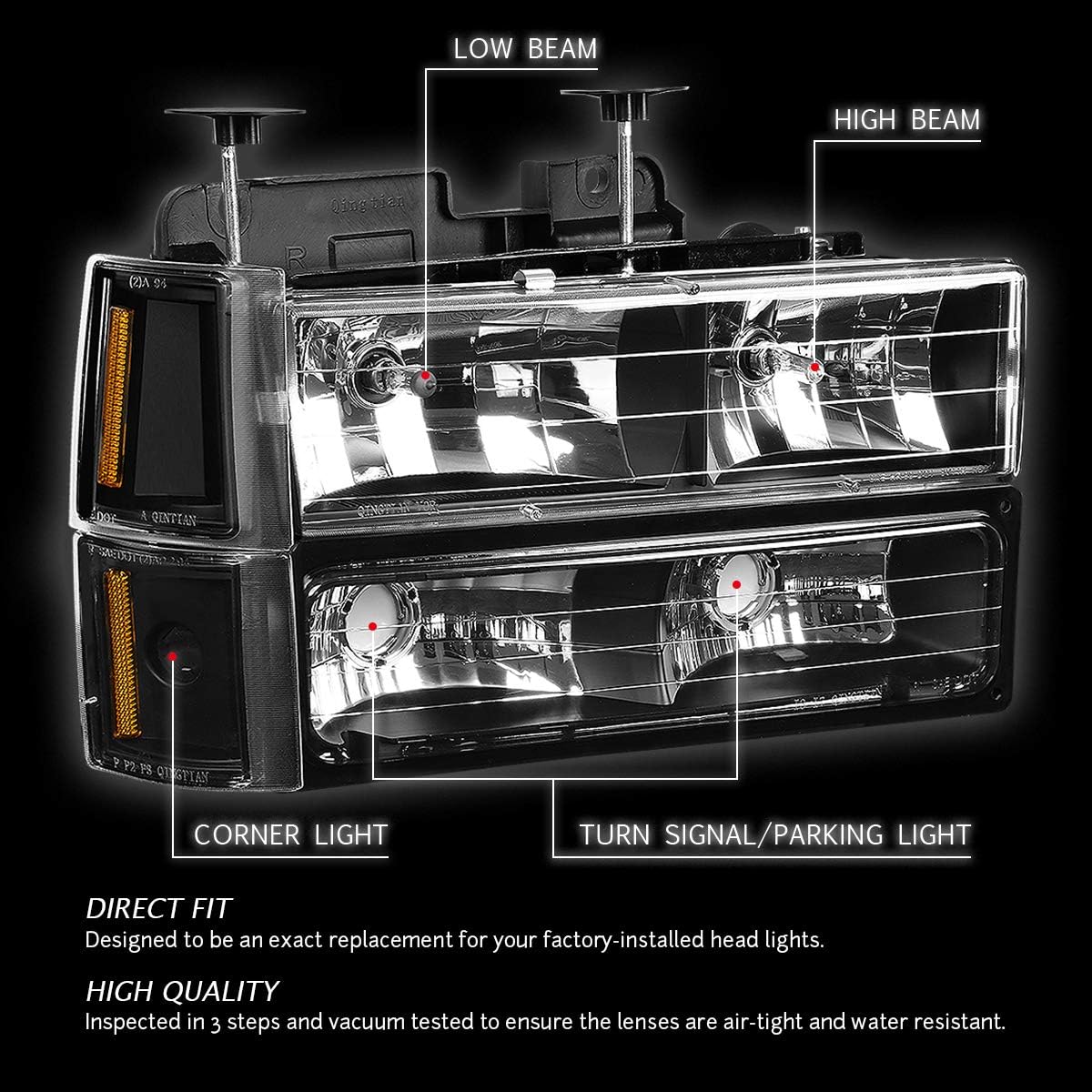 DNA MOTORING HL-OH-8P-C10-3G-BK-AM Black Amber Headlights Compatible with 94-99 Suburban / C1500 K1500 C K / 95-99 Yukon