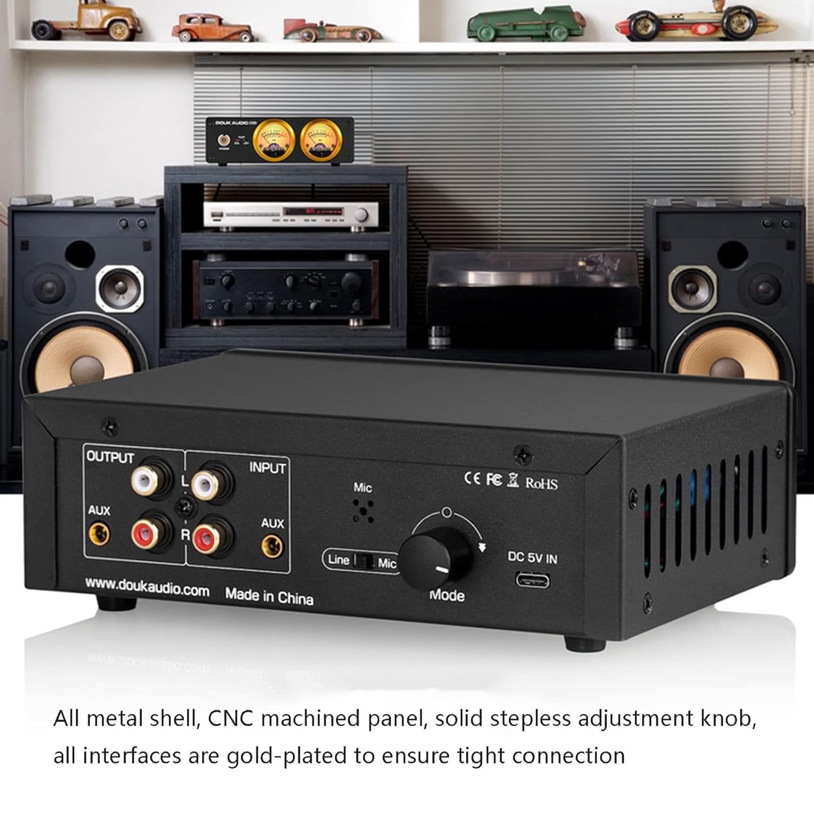 Podwójny analogowy miernik VU, skrzynka przełączająca audio ze wskaźnikiem poziomu dźwięku, z wejściem audio stereo RCA/AUX 3,5 mm i przetwornikiem mikrofonu, do kina domowego