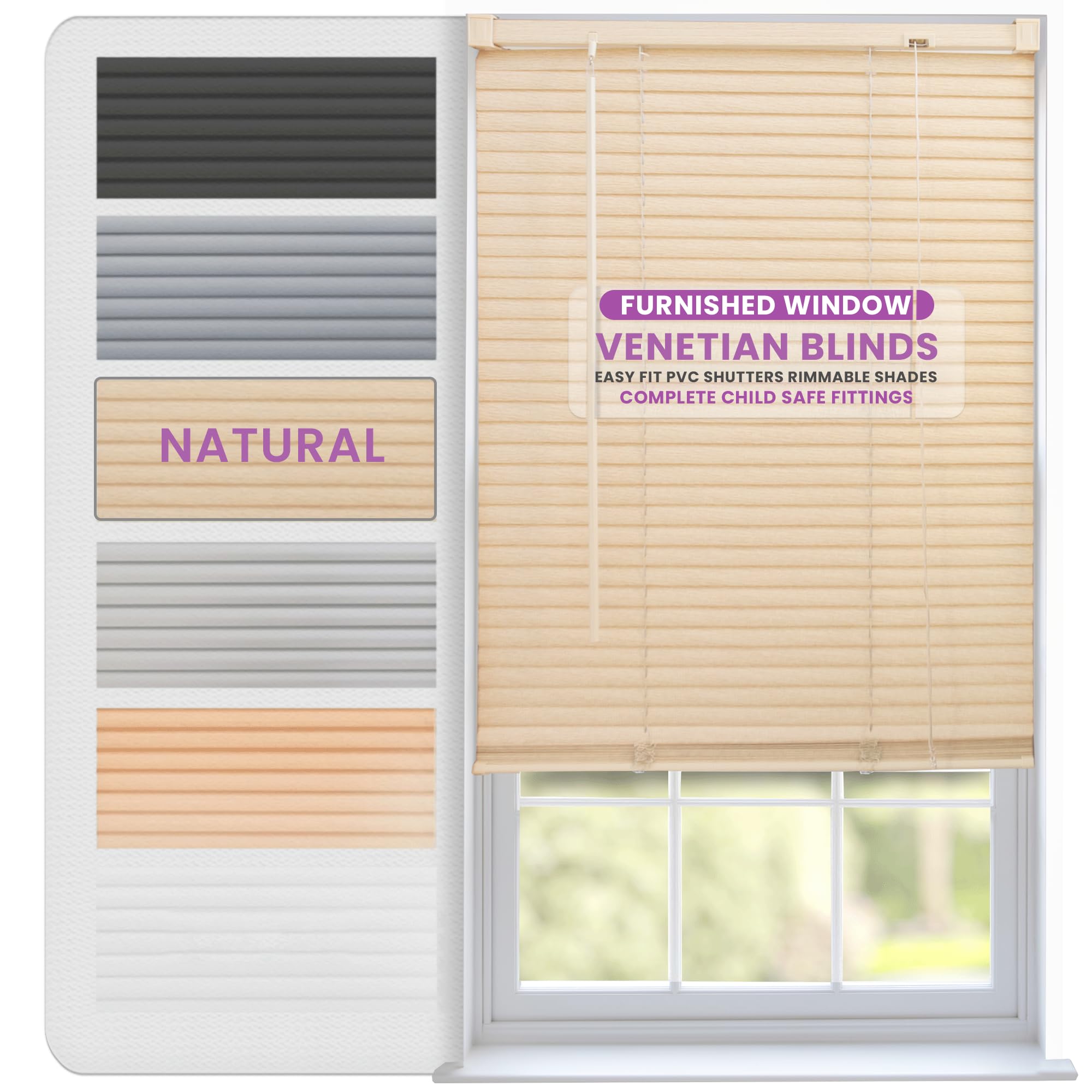 FURNISHED Venetian Blinds Window Venetian Blind Easy Fit PVC Shutters Trimmable Shades for Home Kitchen Windows Treatment Shutters 25mm Slats Complete Child Safe Fittings - Natural 195W x 150L cm