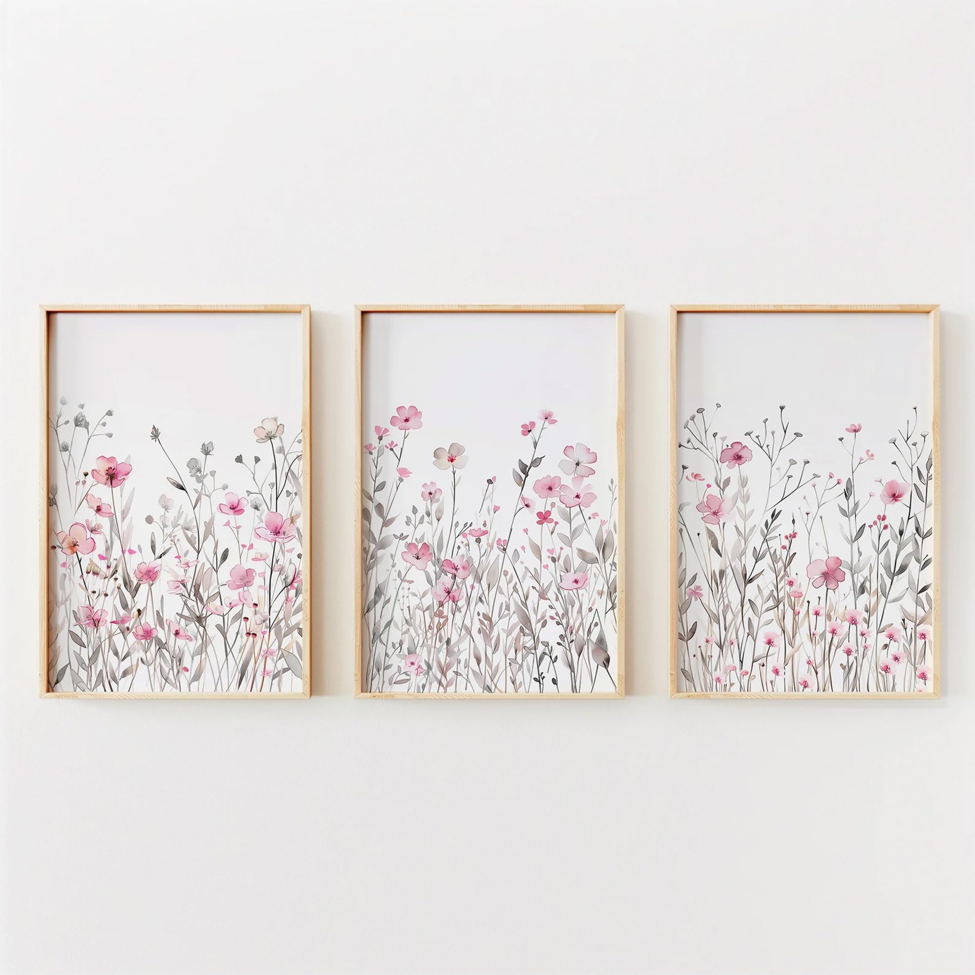 CozyPrints Pink and Grey Wildflower Wall Art Prints, Set of 3, Botanical Floral Nursery Decor (A4-21.0 x 29.7cm)
