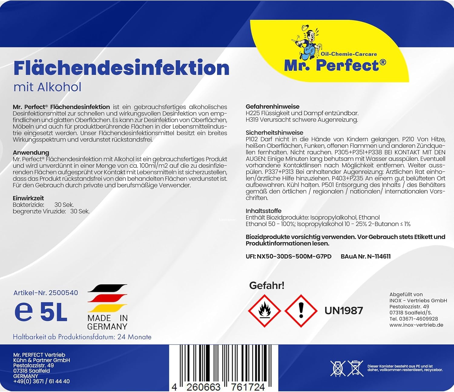 Mr. Perfect® alkoholisches Flächendesinfektionsmittel 5L Kanister + 1L Spray | Hochwirksame Flächendesinfektion mit Alkohol | Desinfektionsmittel für alle glatten Oberflächen | Bundle Set