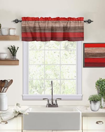 Miniatura 2 de Cenefas de cortinas de cocina para ventanas, cortinas de Navidad rojo y marrón con bolsillo para cortinero, tratamiento de ventana de campo para