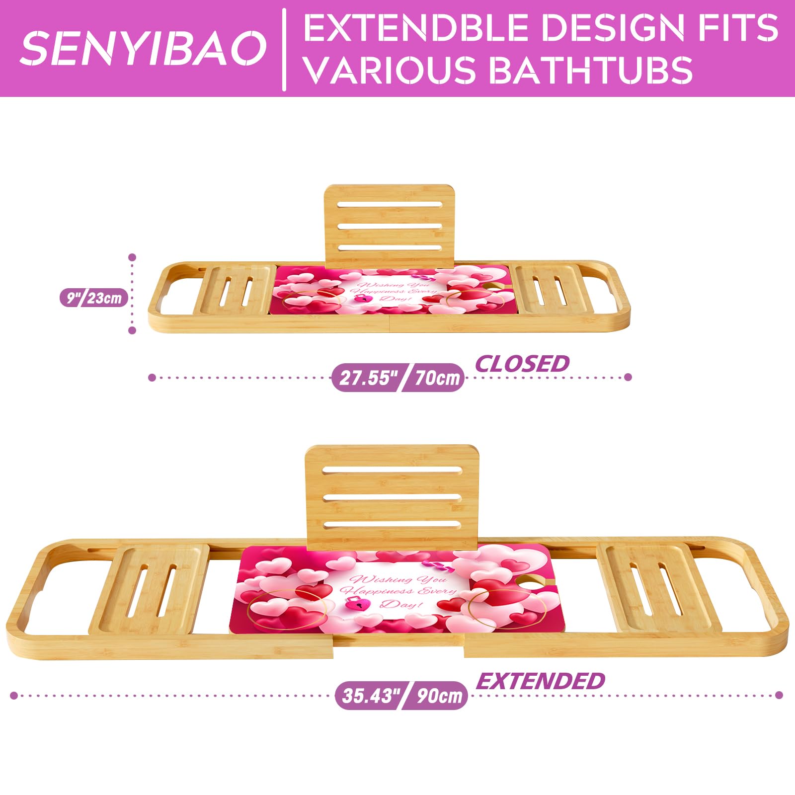 Bandeja para bañera de alta calidad, bandeja expandible para baño, mesa de baño ajustable de bambú, regalos únicos para inauguración de la casa, nuevo hogar, patrón de rosas en forma de corazón