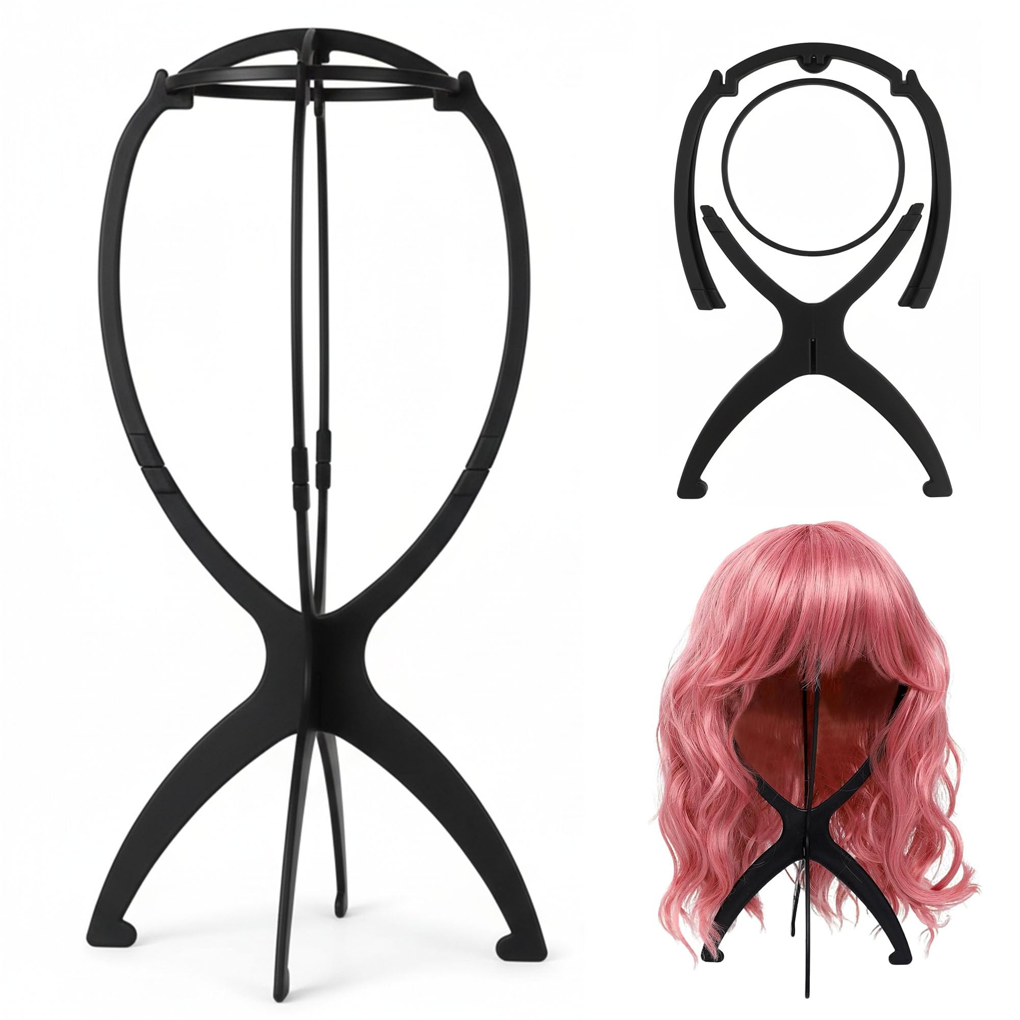 Detachable Wig Stand for All Wigs, Portable Foldable Wig Holder for Travel & Drying, Wig Head Stand for Short Hair Wigs and Styling, Black