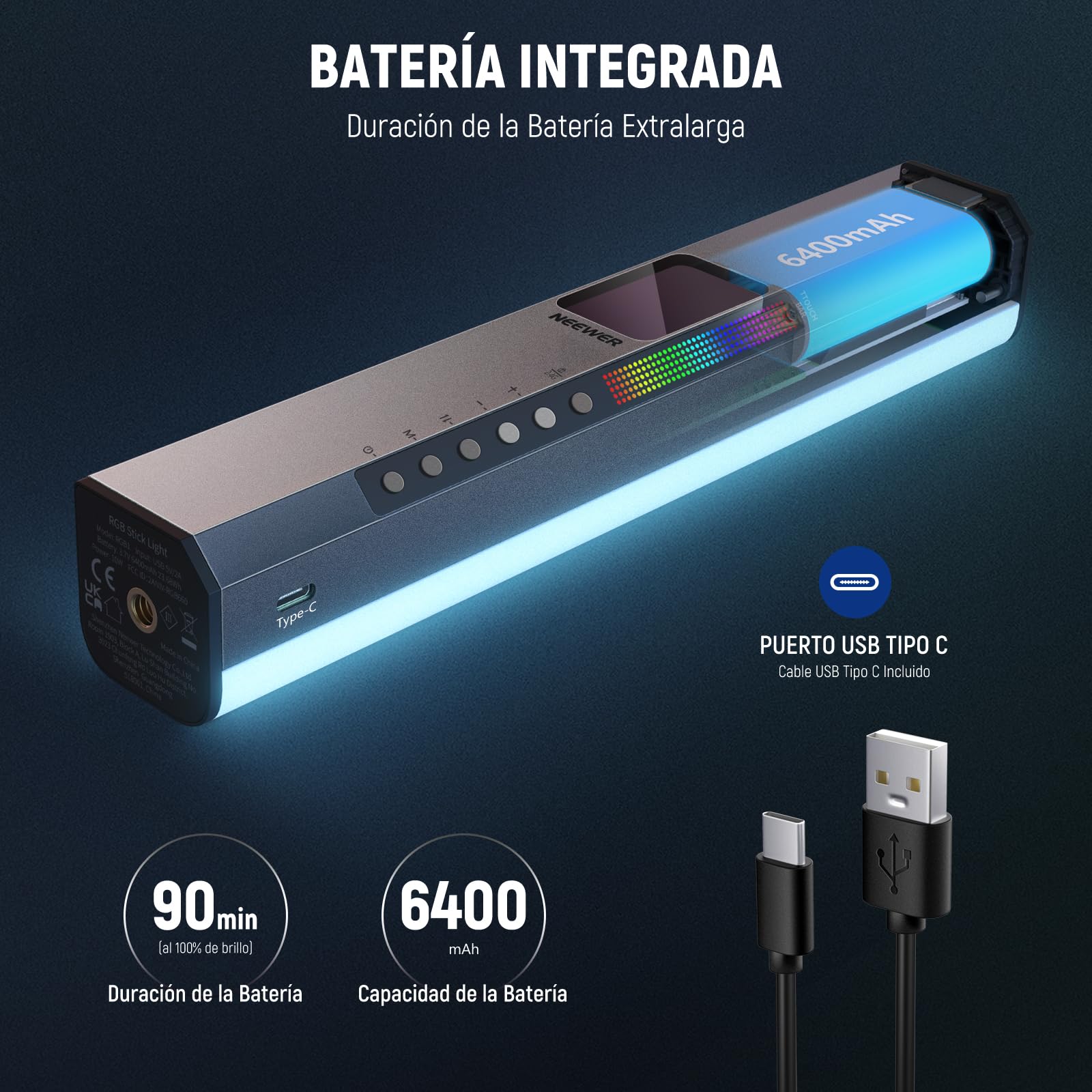 NEEWER RGB1 Tubo de Luz LED con Puerta, Handle, Barra Táctil/Control de Aplicación, Luz de Video RGB Magnética, 3200K-5600K CRI98+ Iluminación de Fotografía Regulable con 6400mAh Batería, 17 Escenas