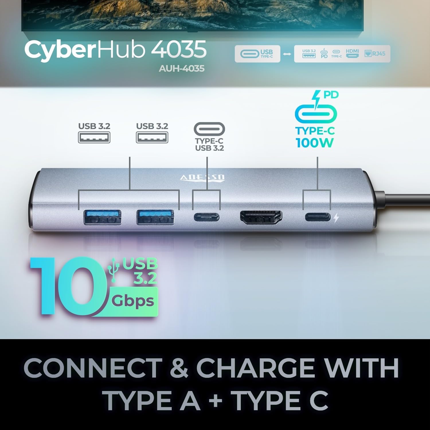 Adesso AUH-4035 - Adaptador multipuerto USB C 6 en 1 compatible con 1 HDMI 4K, 2 USB-A 3.2, 1 USB-C 3.2, 1 RJ45 y 1 PD