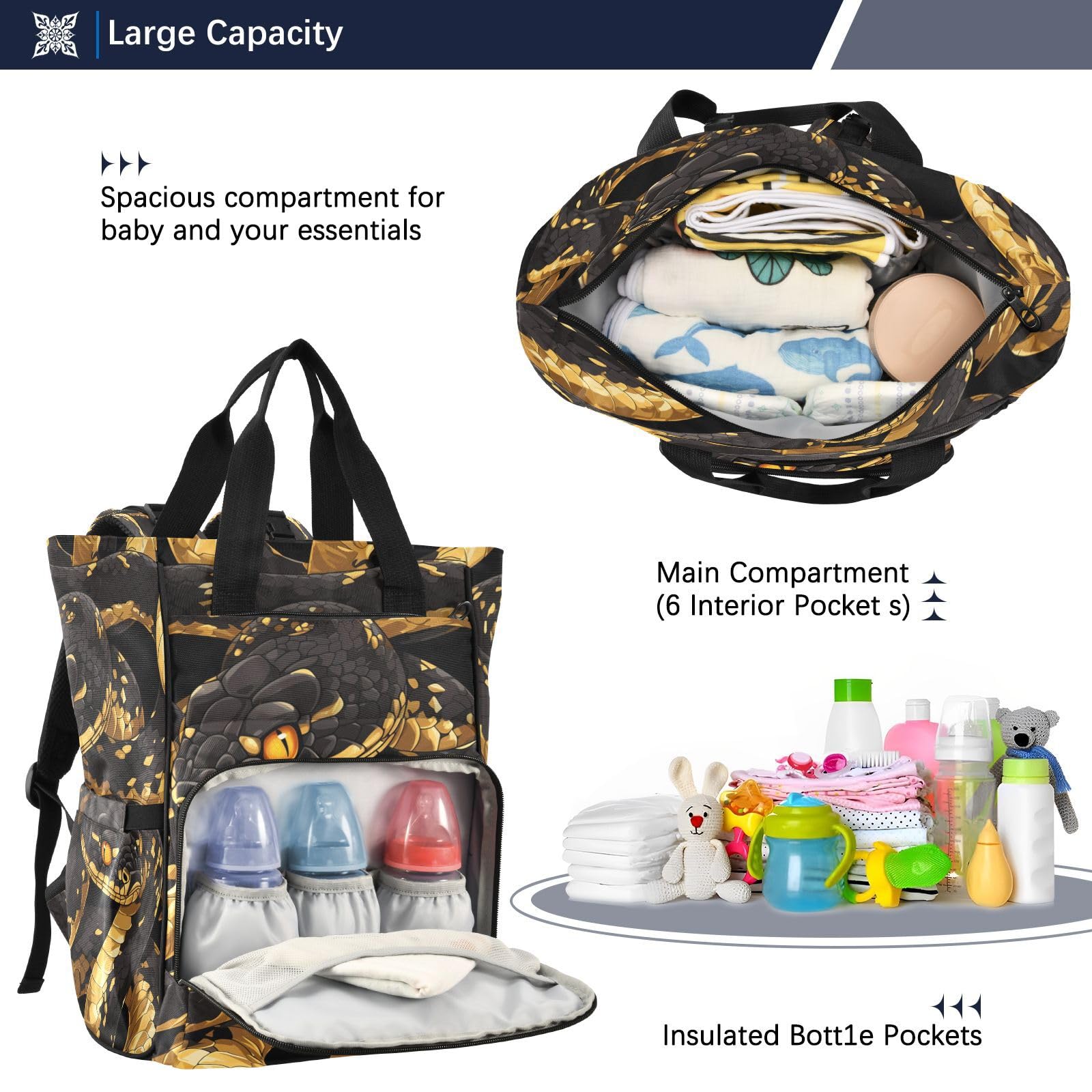 Serpiente Negra Dorada Bolsa de Pañales Mochila de Viaje Gran Capacidad Bolsas para Mamá Papá Mujeres Niñas