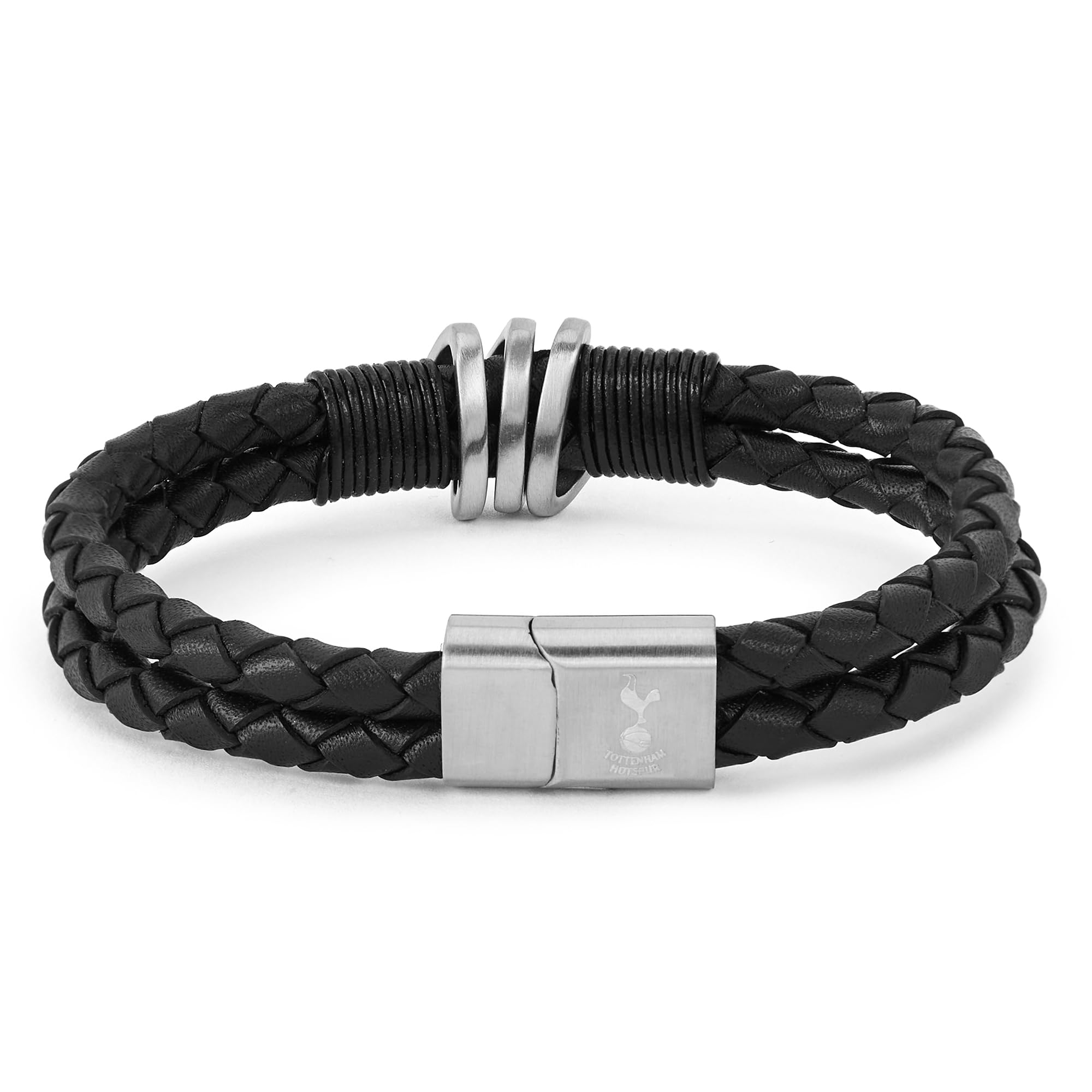 Official Club Merchandise Tottenham Hotspur FC Bracelet, Stainless Steel and Black Plaited Leather with Crest, Official Spurs Gift