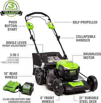 Greenworks 40V 21 Brushless Cordless Self-Propelled Electric Lawn Mower, String Trimmer, 5.0Ah Battery and Charger