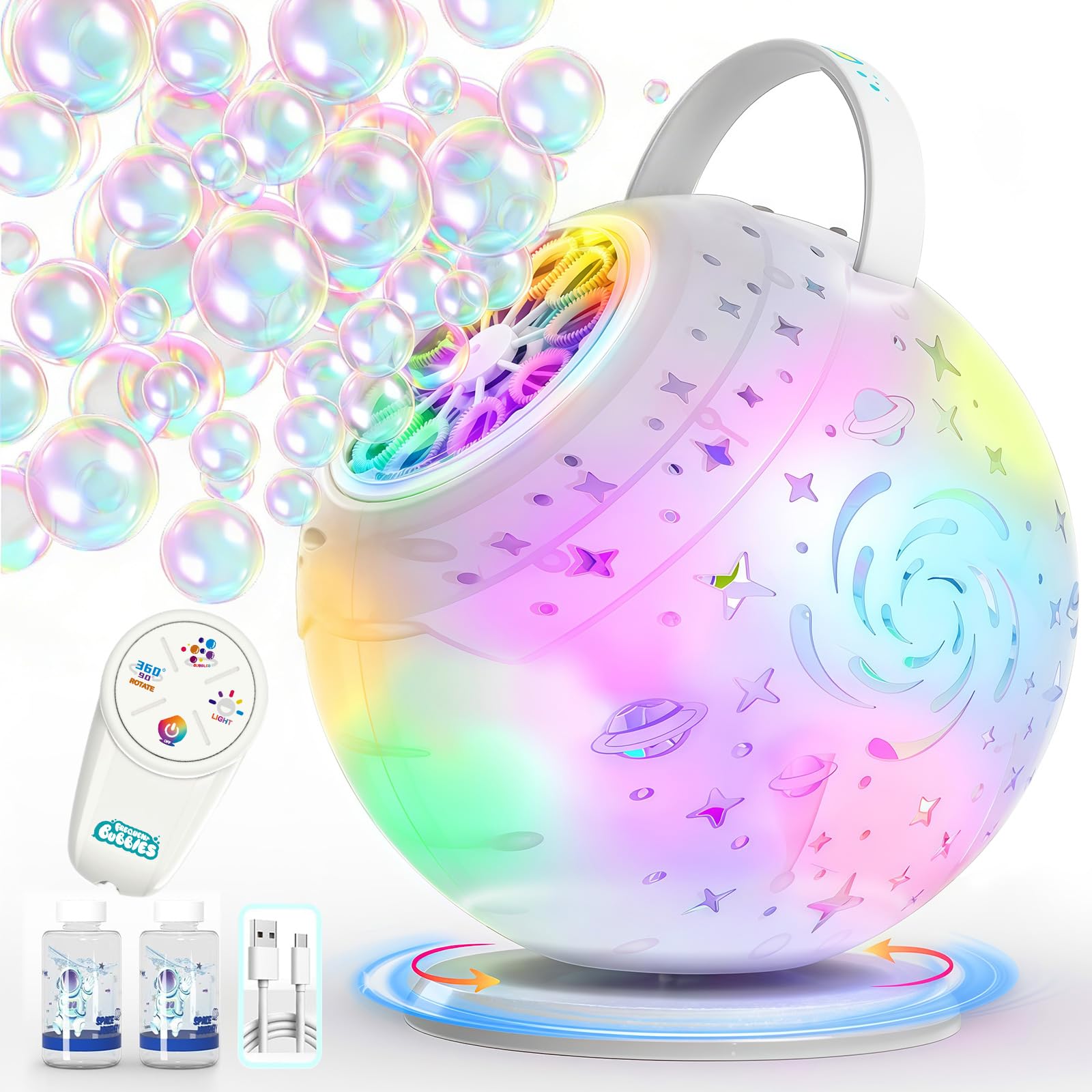 Tecnock Máquina de Burbujas Recargable con Mando a Distancia, Rotación 90°/360°, 20000+ Burbujas/Min, Luces LED de 7 Colores, Batería 1200 mAh, 45 Min de Autonomía, USB-C, para Niños, Fiestas y Bodas