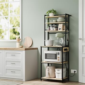 WOLTU 6-Tier Kitchen Shelf with Sockets Microwave Rack with 6 Hooks Baker's Rack with Metal Frame Adjustable Shelf Black + Light Oak 60 x 167 x 40 cm
