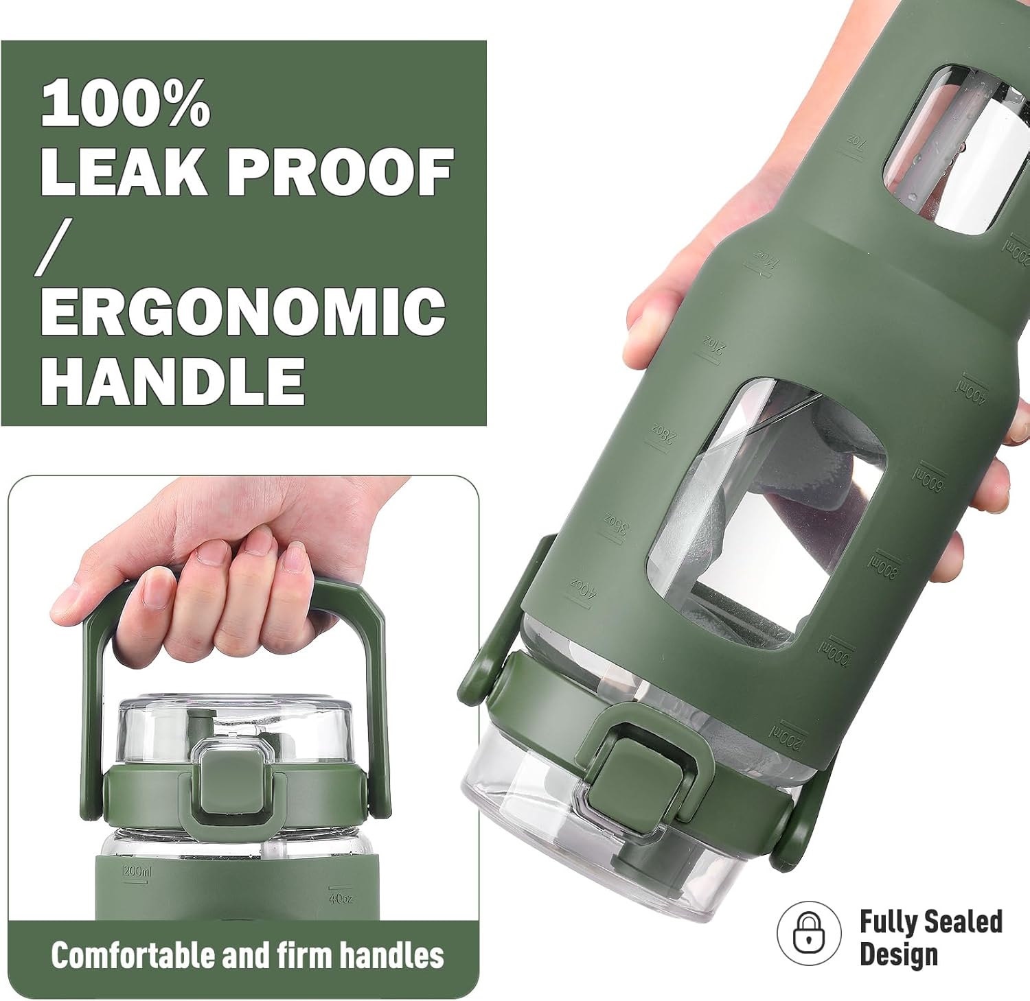 BLUEGO 40 oz Glass Water Bottle with Straw, Leakproof and Time Marker, Wide Mouth for Travel, Gym, Workout, Olive - Image 4