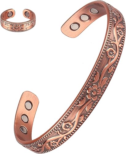 Pulsera y anillo de cobre de flor vintage, 99.9% cobre puro 3500 Gauss imanes fuertes