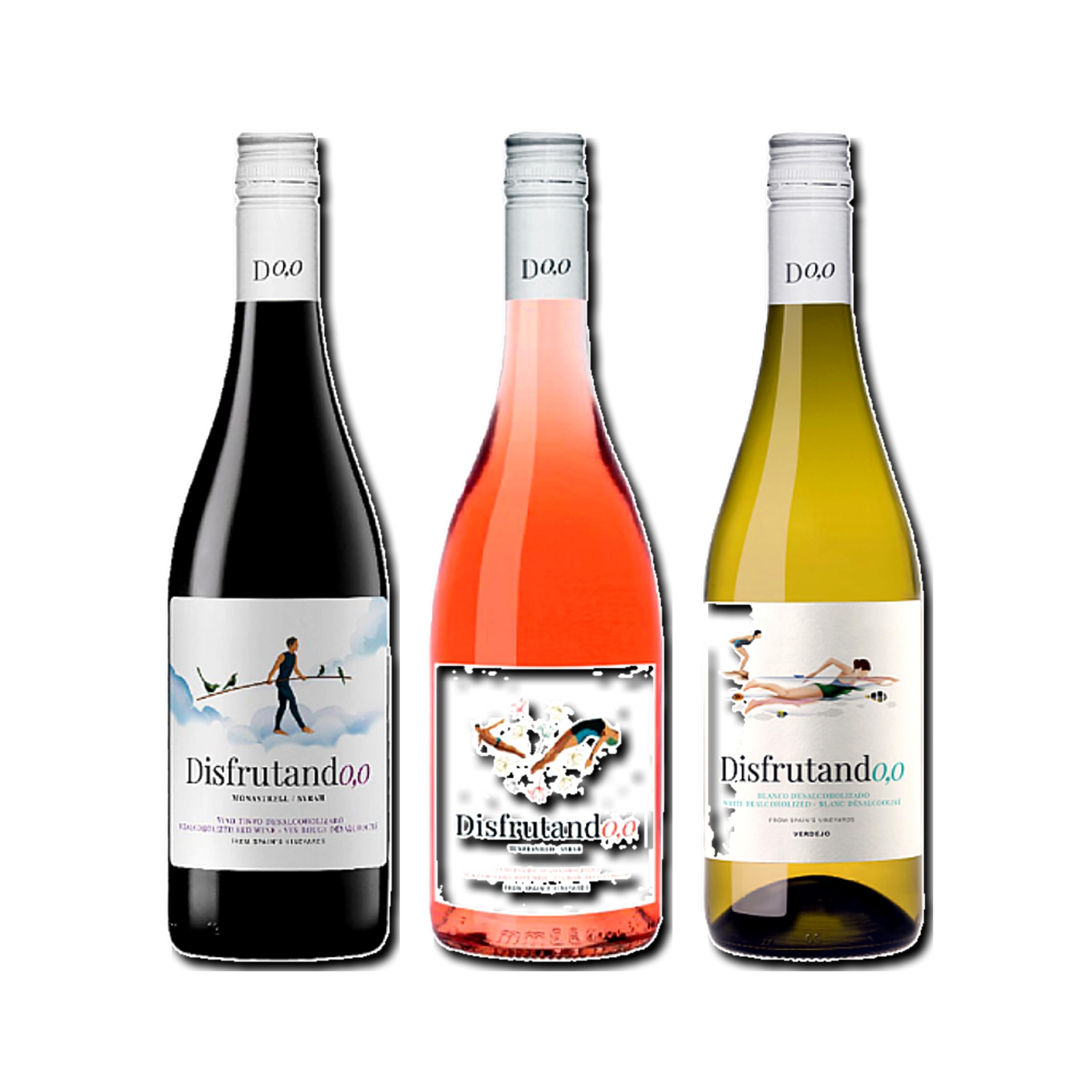 vino sin alcohol 0,0 Disfrutando 0,0 Tinto, Disfrutando 0,0 Rosado y Disfrutando 0,0 Blanco pack de 3 botellas 75cl