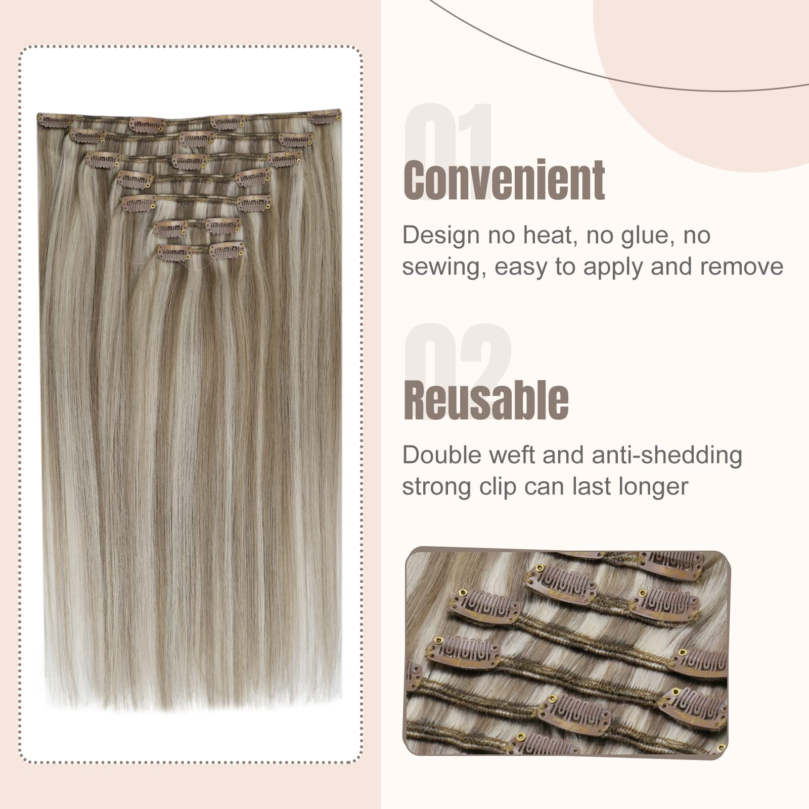 Fshine Hair Extension Clip In Light Brown Highligh Platinum Blonde Human Hair Extensions Clip in 20 Inch Seamless Clip on Extensions Remy Hair Soft Hair 7Pcs 120g - Image 4