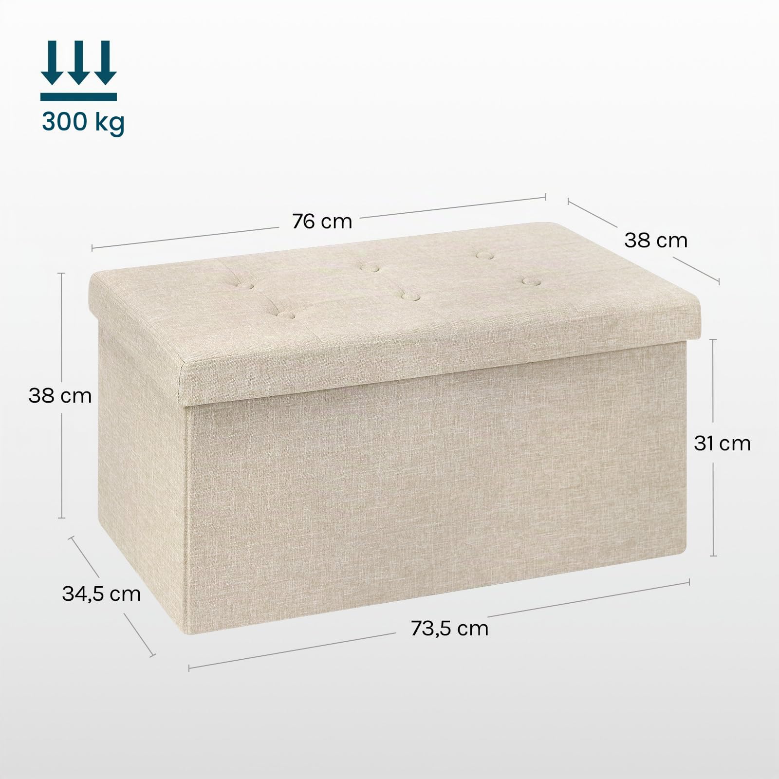WOLTU Tabouret Banc de Rangement en Lin,Pouf Pliable, Cube Coffre de Rangement 76x37,5x38cm,Beige
