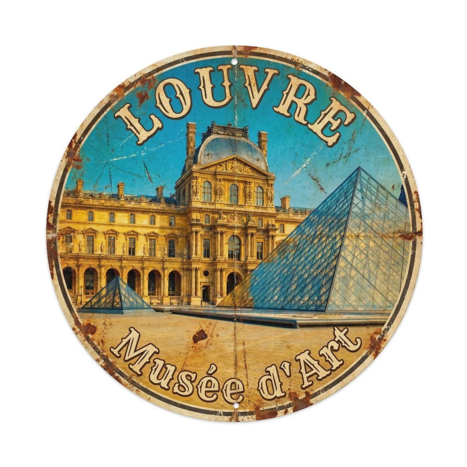 Vintage Travel Louvre Museum Parisian Metal Tin Sign Plaque Wall Decor for Cafe, Club Bar, Office, Home Garden Round Metal Poster 8x8Inch