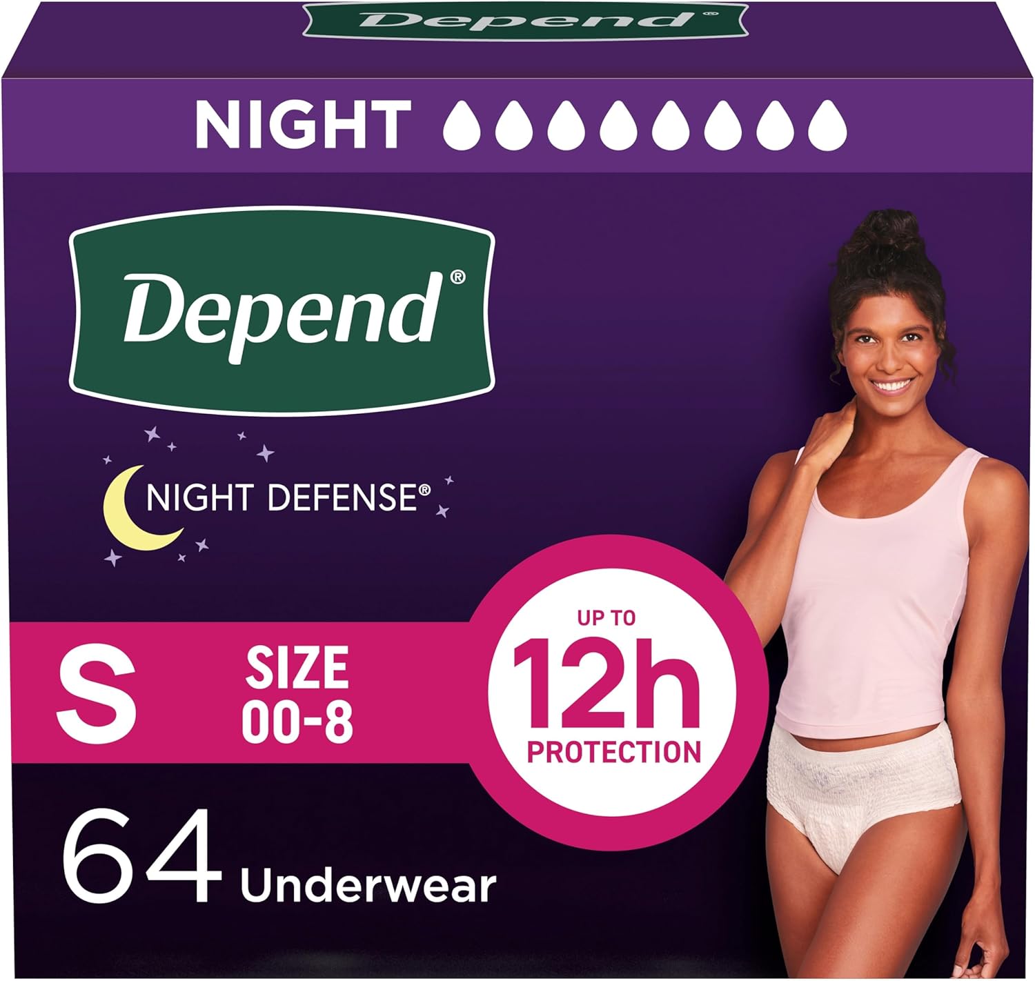 Depend Night Defense Adult Diapers, Incontinence & Postpartum Bladder Leak Underwear for Women, Disposable, Overnight, Small, Blush, 64 Count (4 Packs of 16), Packaging May Vary Small 64