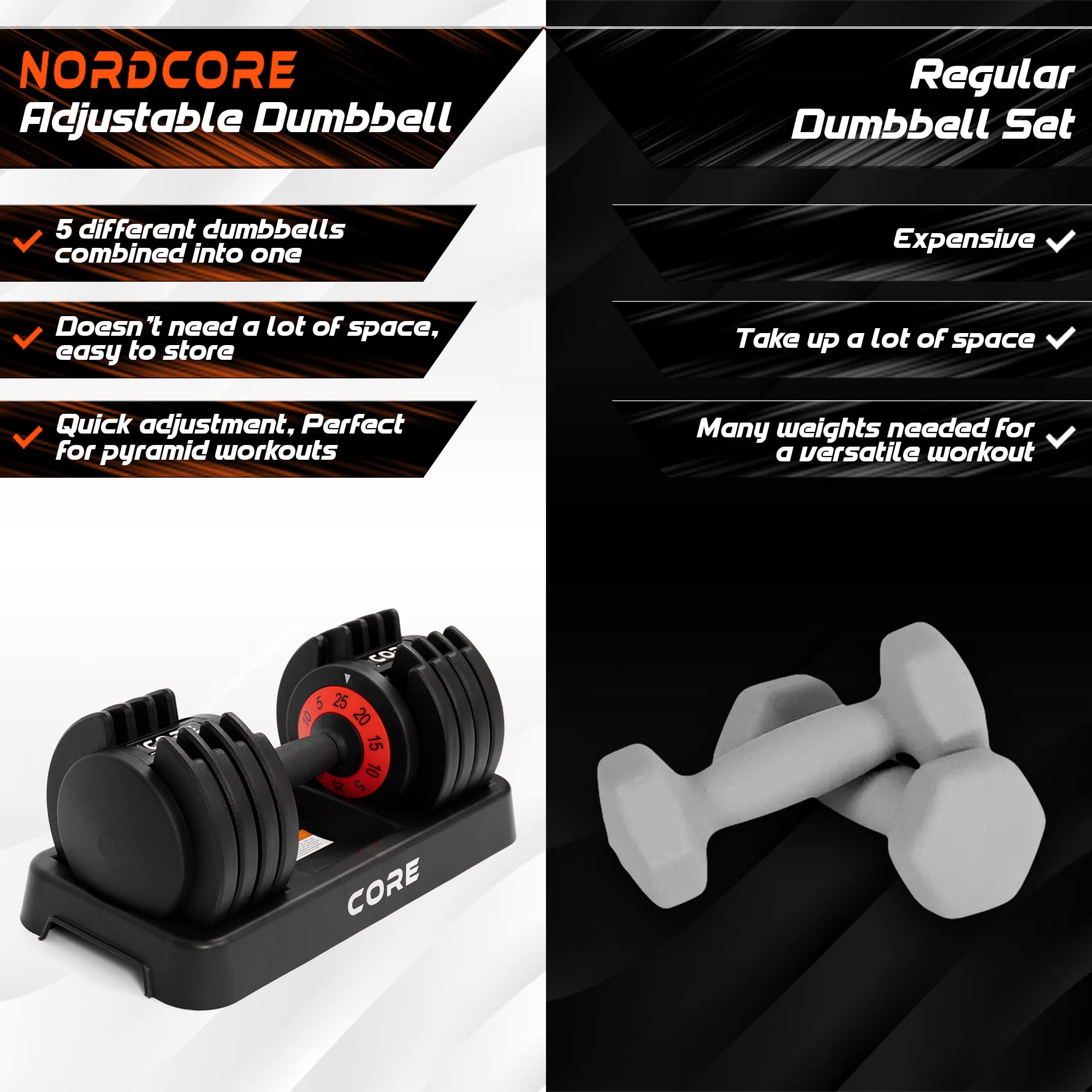 Nordcore Verstellbare Hantel - 5 verschiedene Einstellungen zwischen 5-25kg - Für Männer und Frauen Heimgewichtheben und Krafttraining - Platzsparende Verstellbare Hantel
