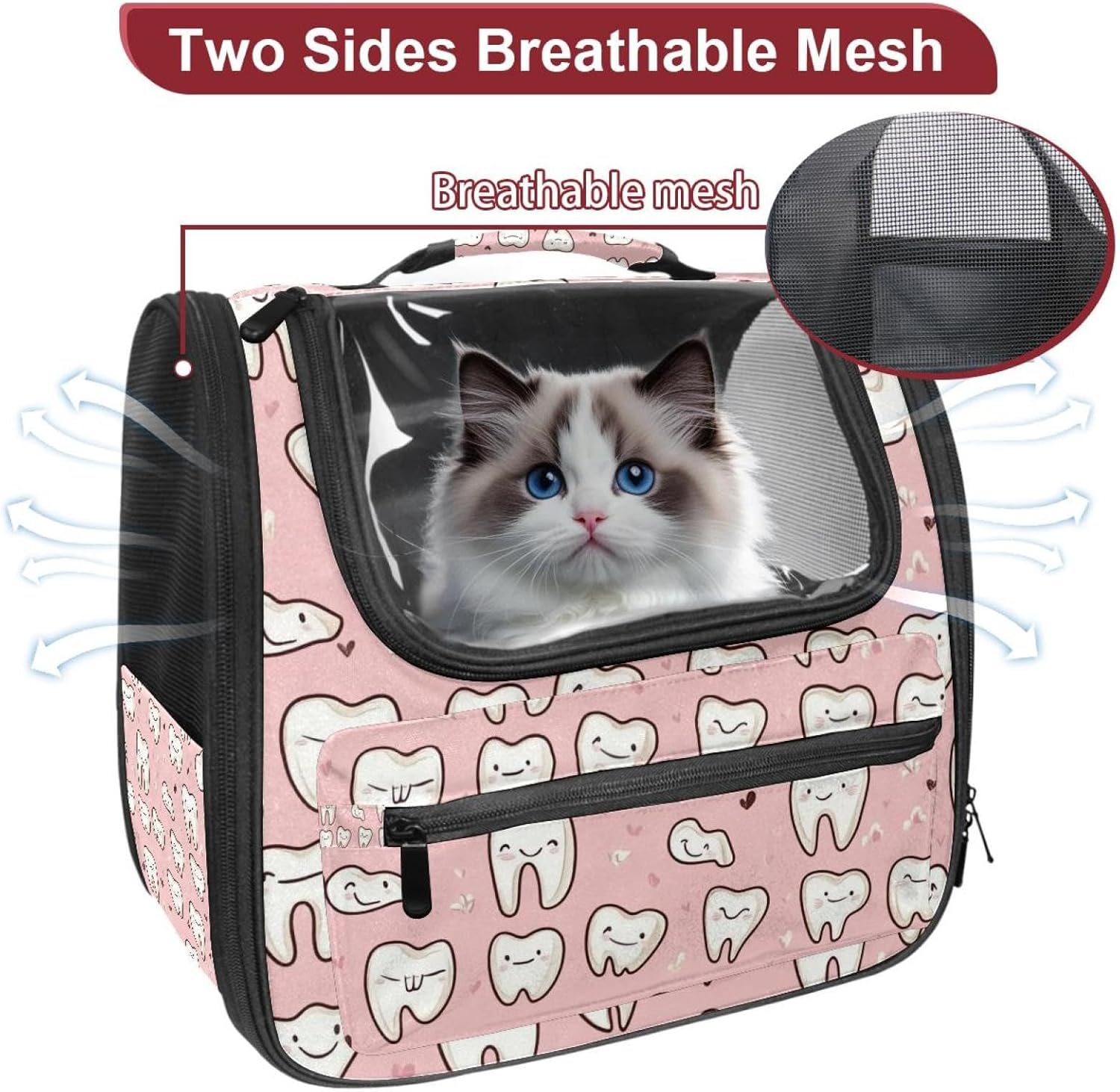 Cute Teeth Pet Carrier Airline Approved Soft Sided Portable Cozy Travel Pet Bag, Car Seat Safe Carrier for Cats and Dogs