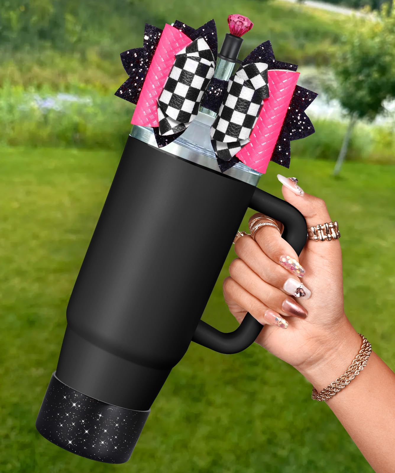 Toykee Cup Boot with Straw Cover for Stanley 40 30 oz - Cute Black Plaid Bow Straw Topper and Diamond Caps with Bottom Protector 3 PCS Sets for Tumbler Accessories