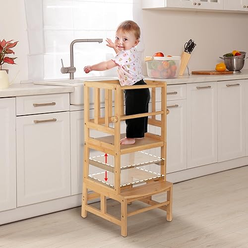 COSYLAND Taburete de cocina para niños, altura ajustable, torre de pie para guardería, con certificación CPC y FSC, barandilla de seguridad