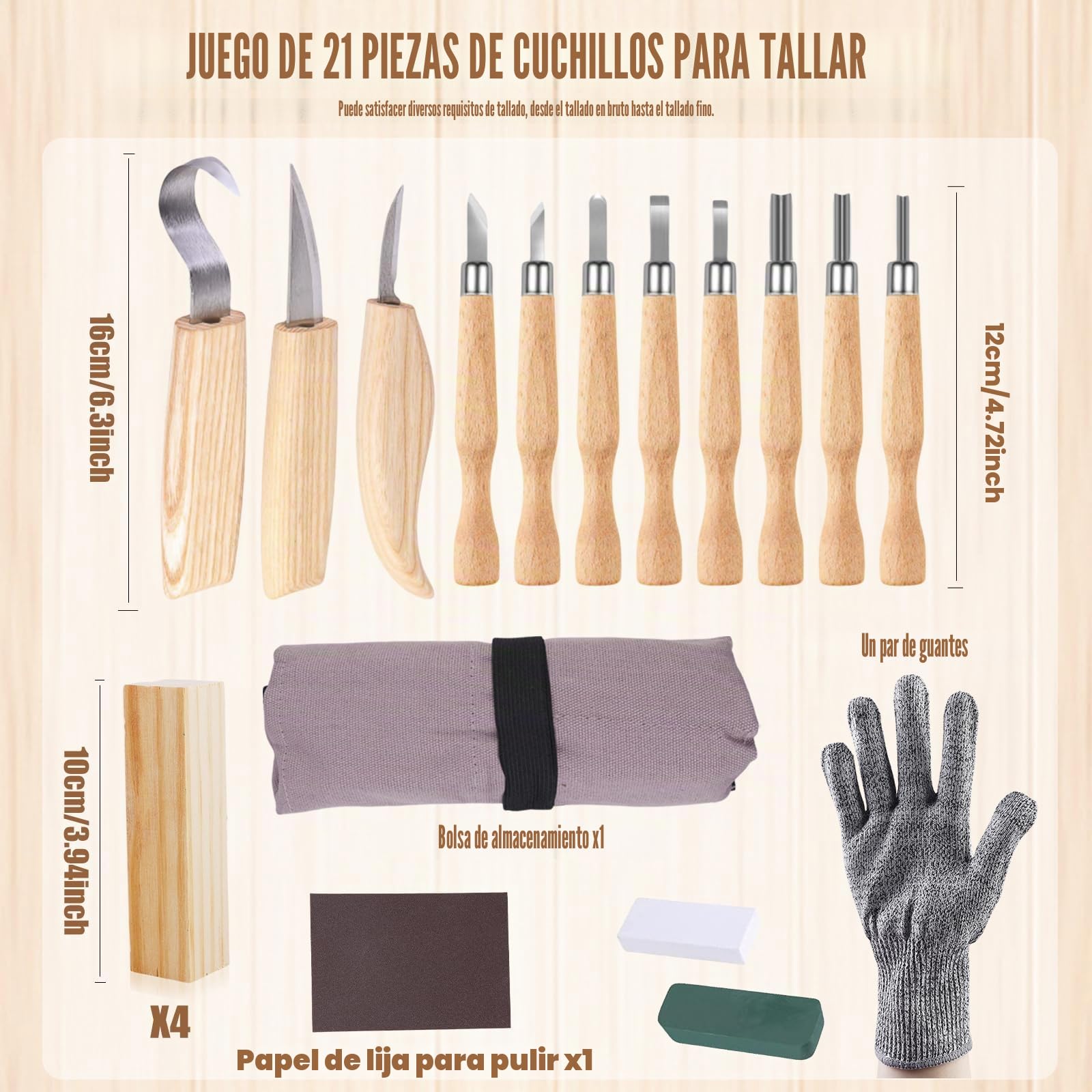 HOSPAOP Juego de 21 herramientas para tallar madera, juego de tallado de madera para adultos y niños, juego de tallado con piedra de afilar y guantes resistentes a los cortes
